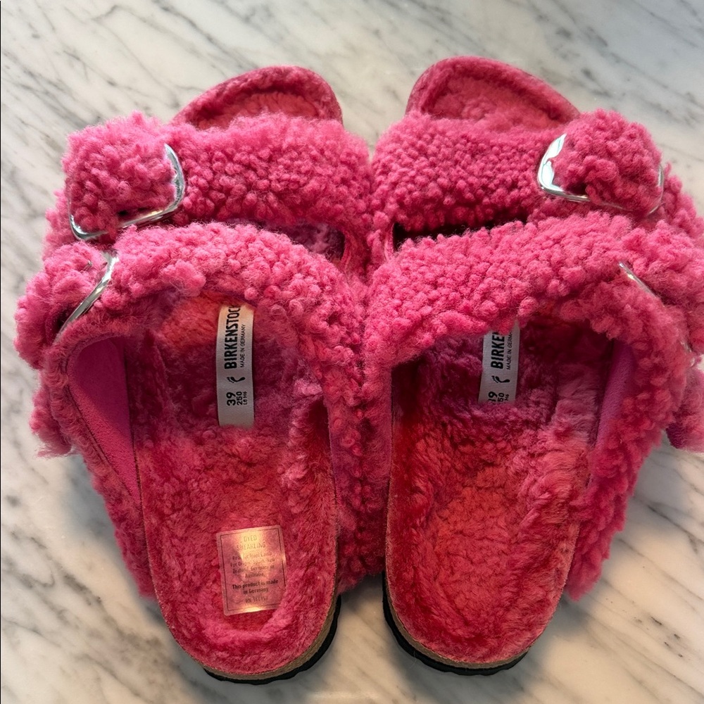 Birkenstock Women’s Pink Fuzzy Arizona Sandals - Picture 2 of 7